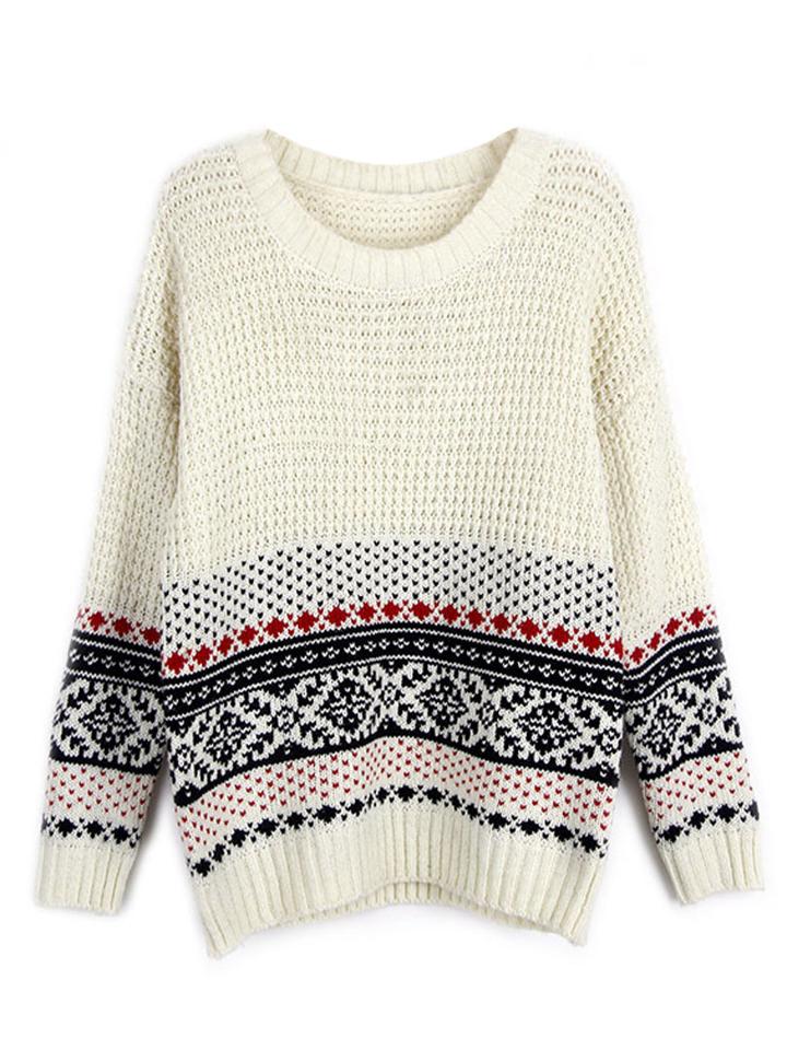 Choies White Folk Pattern Long Sleeve Knit Jumper