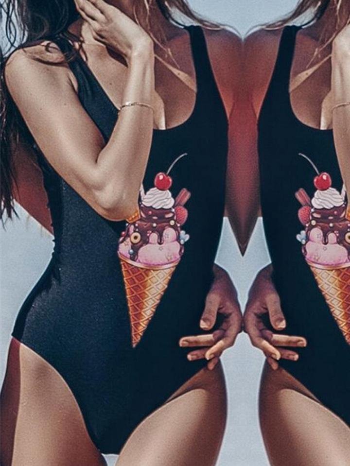 Choies Black Ice Cream Print Open Back Swimsuit