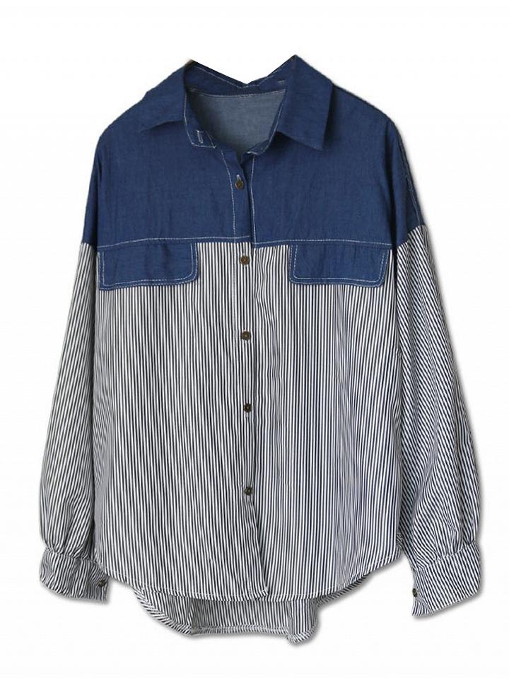 Choies Black Stripe Denim Panel Long Sleeve Shirt