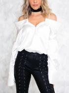 Choies White Cold Shoulder Satin Look Long Sleeve Cami Top