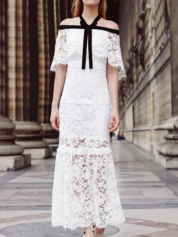 Choies White Off Shoulder Halter Layered Top Frill Bodycon Maxi Dress