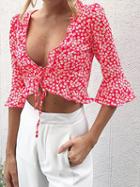 Choies Red V-neck Floral Print Flare Sleeve Crop Blouse