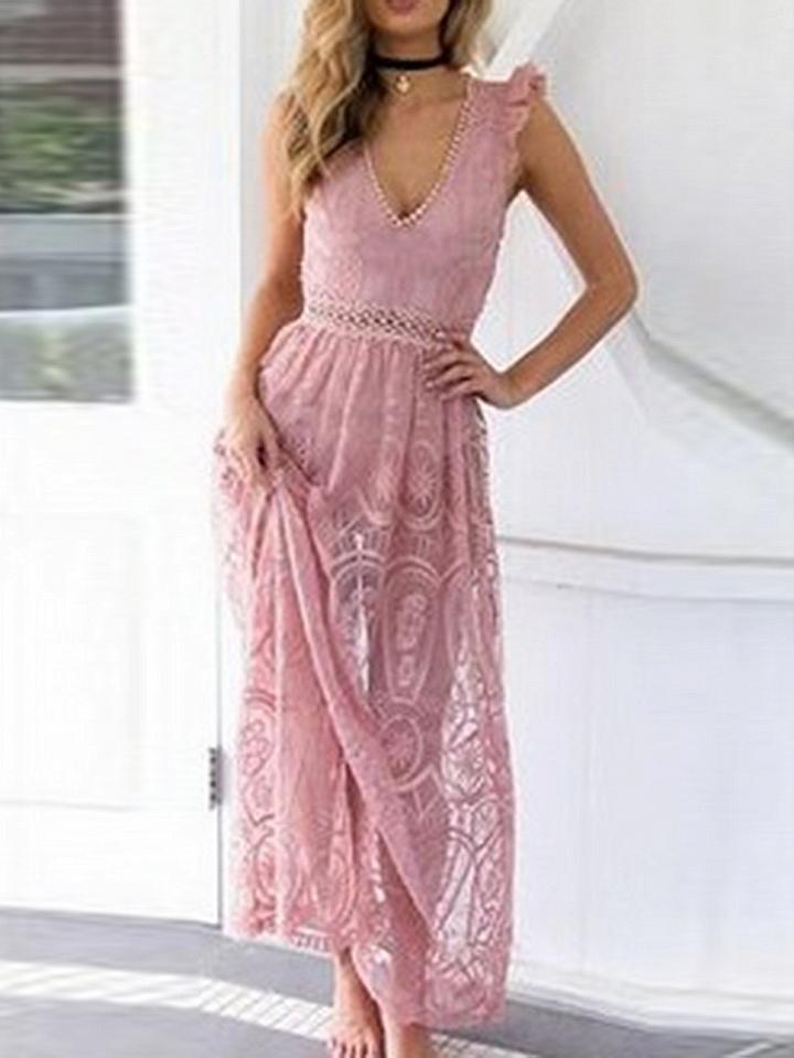Choies Pink V-neck Cut Out Detail Open Back Chic Women Lace Maxi Dress