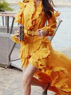 Choies Yellow V-neck Ruffle Trim Flare Sleeve Chic Women Maxi Dress