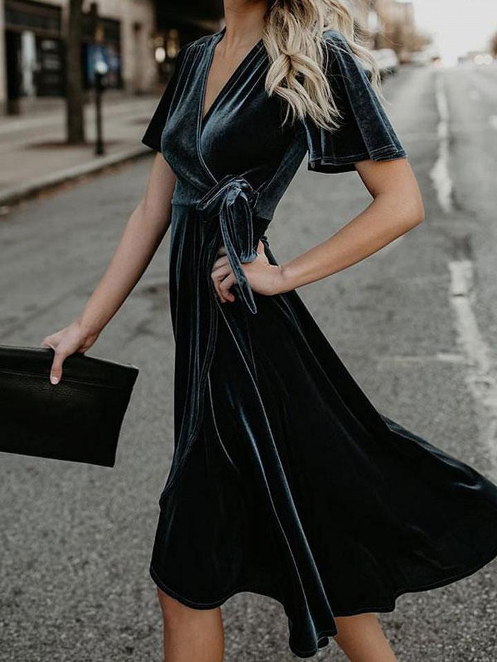 Choies Dark Blue Velvet V-neck Tie Waist Chic Women Hi-lo Dress