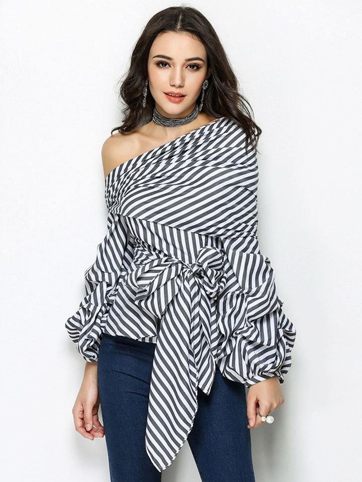Choies Monochrome Stripe One Shoulder Bow Tie Front Long Sleeve Blouse