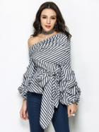 Choies Monochrome Stripe One Shoulder Bow Tie Front Long Sleeve Blouse
