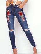 Choies Dark Blue Embroidery Floral Ripped Knee Skinny Jeans