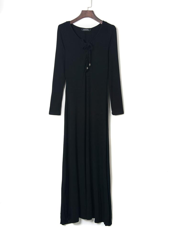 Choies Black Lace Up Front Long Sleeve Plain Maxi Dress
