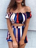 Choies Multicolor Stripe Off Shoulder Chic Women Crop Top And Shorts