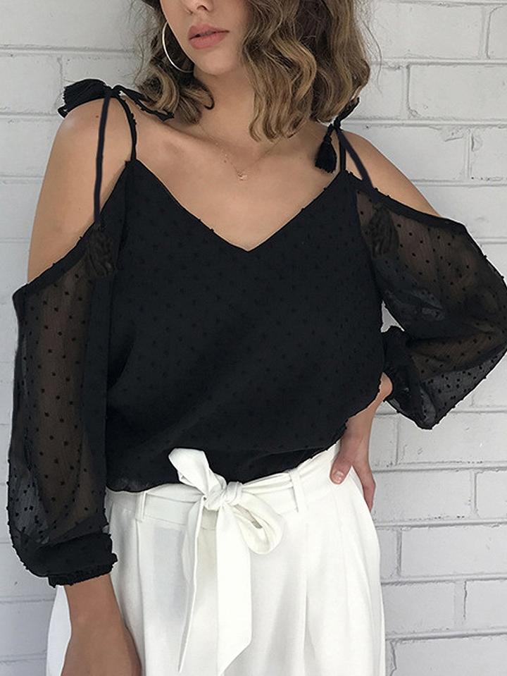 Choies Black V-neck Cold Shoulder Spaghetti Strap Mesh Blouse
