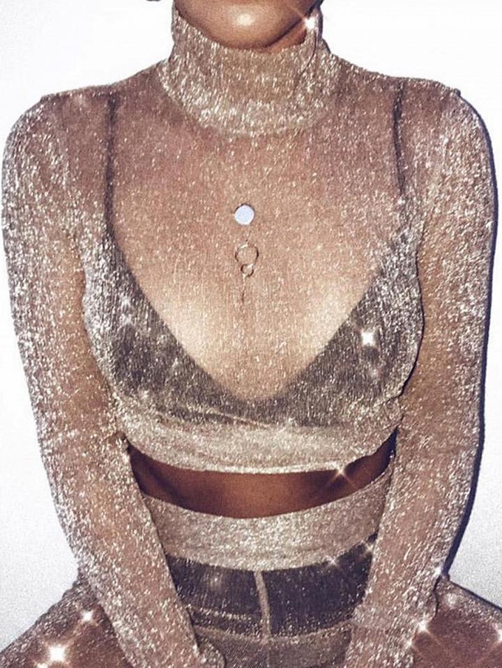 Choies Pink High Neck Long Sleeve Sheer Mesh Crop Top