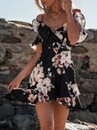 Choies Black Spaghetti Strap V-neck Floral Print Ruffle Trim Mini Dress