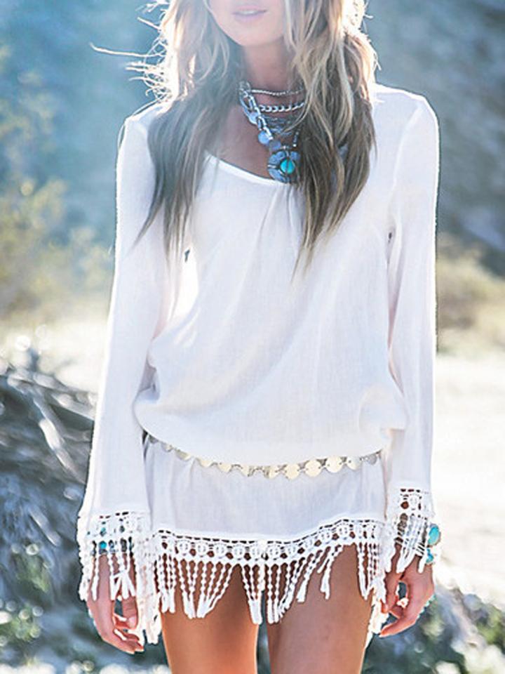 Choies White Long Sleeve Tassel Hem Shift Dress