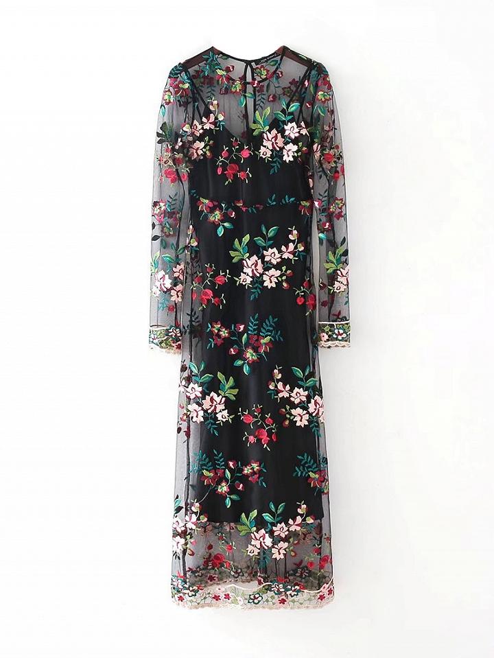 Choies Black Embroidery Floral Sheer Mesh Maxi Dress And Cami Lining