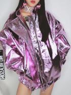 Choies Pink Metallic Letter Ribbon Leather Look Jacket