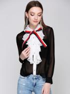 Choies Black Contrast Frill Front Sheer Long Sleeve Chiffon Shirt