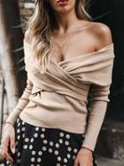 Choies Khaki Off Shoulder V-neck Long Sleeve Women Knit Sweater