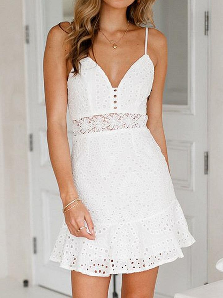 Choies White Spaghetti Strap V-neck Lace Mini Dress