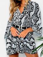 Choies Gray Chiffon V-neck Snakeskin Print Flare Sleeve Women Mini Dress