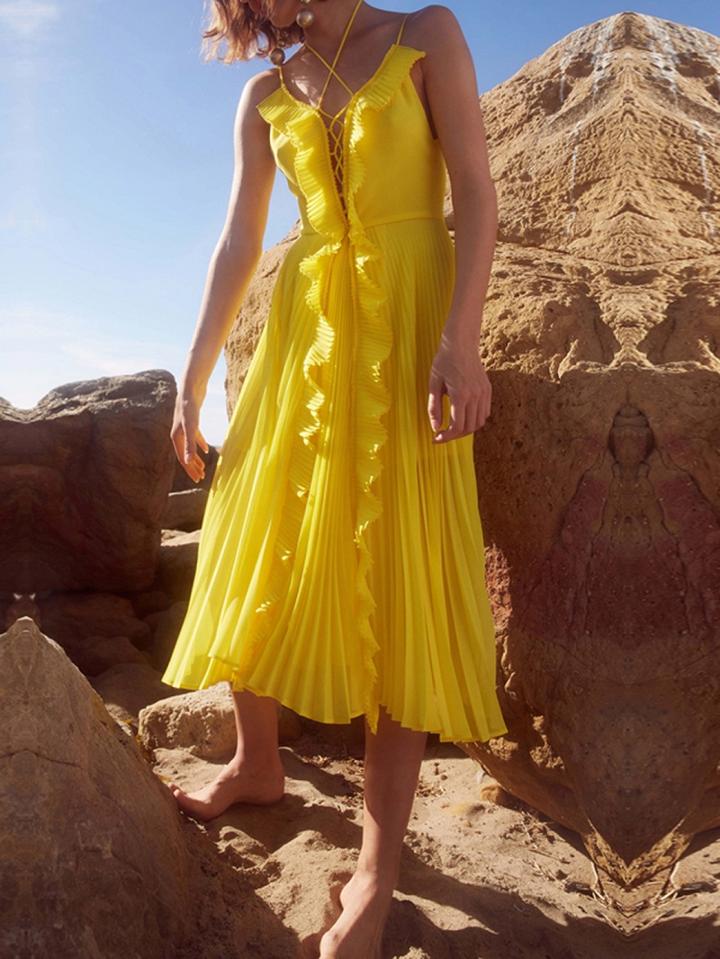Choies Yellow V-neck Lace Up Front Ruffle Trim Chic Women Cami Midi Dress