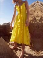 Choies Yellow V-neck Lace Up Front Ruffle Trim Chic Women Cami Midi Dress