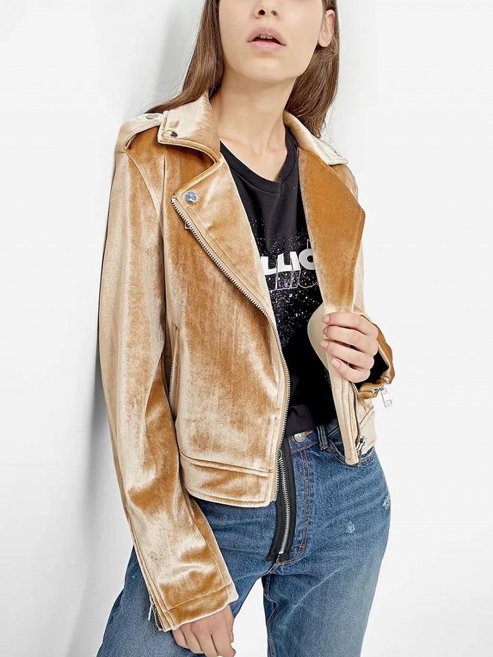 Choies Yellow Velvet Lapel Zip Detail Biker Jacket