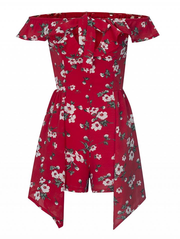 Choies Red Plunge Floral Ruffle Off Shoulder Asymmetric Hem Romper Playsuit