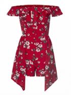 Choies Red Plunge Floral Ruffle Off Shoulder Asymmetric Hem Romper Playsuit