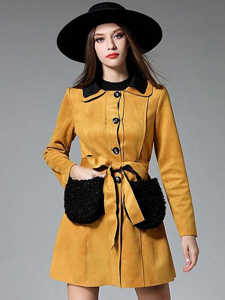 Choies Yellow Faux Suede Tie Waist Fluffy Pocket Long Sleeve Coat