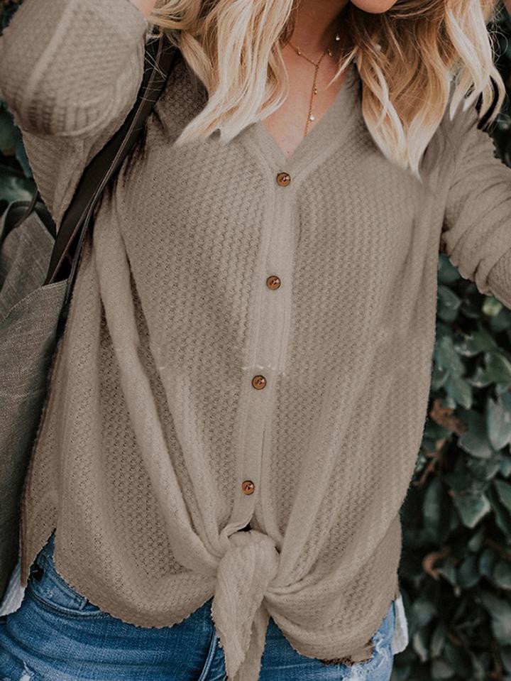 Choies Coffee V-neck Tie Front Long Sleeve Blouse