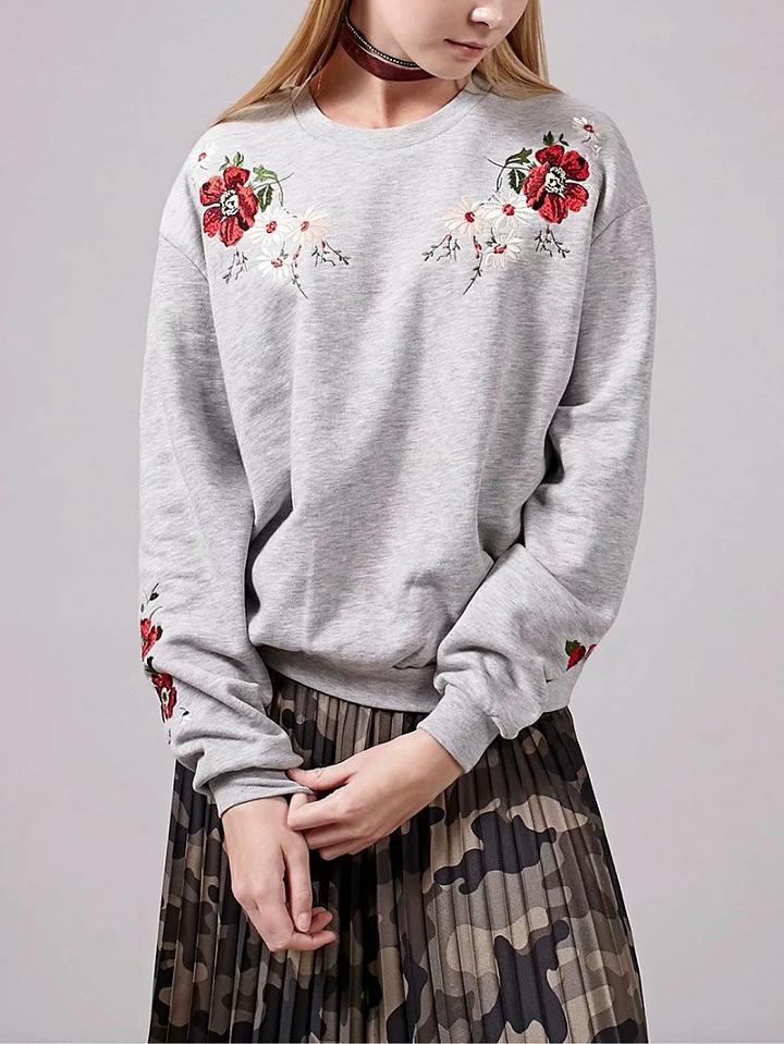 Choies Gray Floral Embroidery Long Sleeve Women Crop Sweatshirt