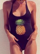 Choies Black Nylon Pineapple Print Open Back Chic Women Swimsuit