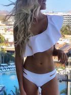 Choies White Nylon One Shoulder Ruffle Trim Chic Women Bikini Top And Bottom