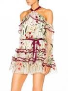 Choies Polychrome Embroidery Floral Cold Shoulder Ruffle Sheer Mesh Dress