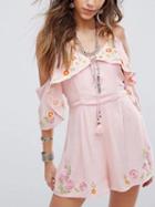 Choies Pink Cold Shoulder Floral Embroidery Tassel Trim Romper Playsuit