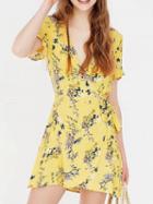 Choies Yellow Plunge Floral Print Tie Waist Ruffle Sleeve Mini Dress