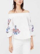Choies White Stretch Off Shoulder Embroidery Detail 3/4 Sleeve Blouse