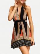 Choies Black Contrast Halter Geo Pattern Print Open Back Mini Dress