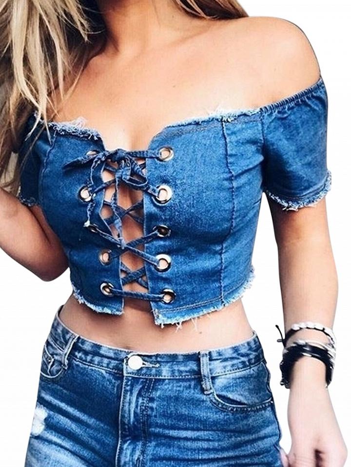 Choies Blue Off Shoulder Lace Up Front Denim Crop Top