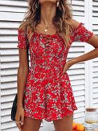 Choies Red Off Shoulder Floral Print Eyelet Lace Up Front Mini Dress