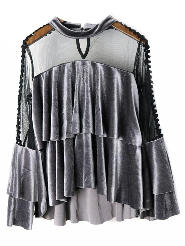 Choies Gray Velvet Ruffle Trim Sheer Mesh Panel Long Sleeve Blouse