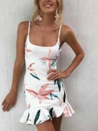 Choies White Spaghetti Strap Floral Print Ruffle Hem Mini Dress