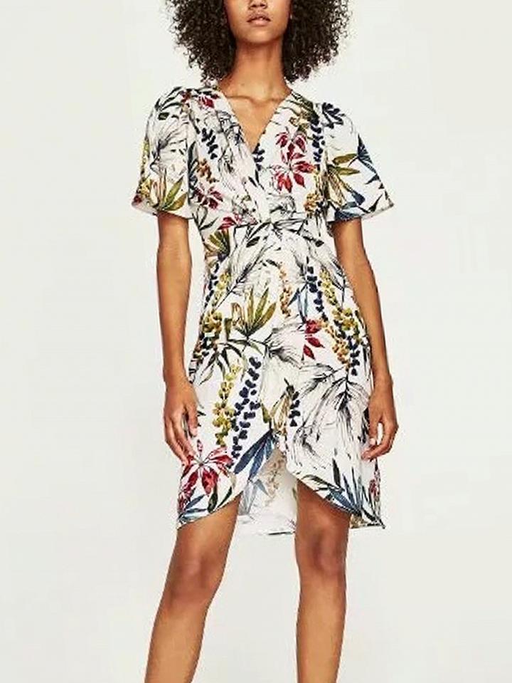 Choies Polychrome Floral V-neck Knot Front Wrap Dress