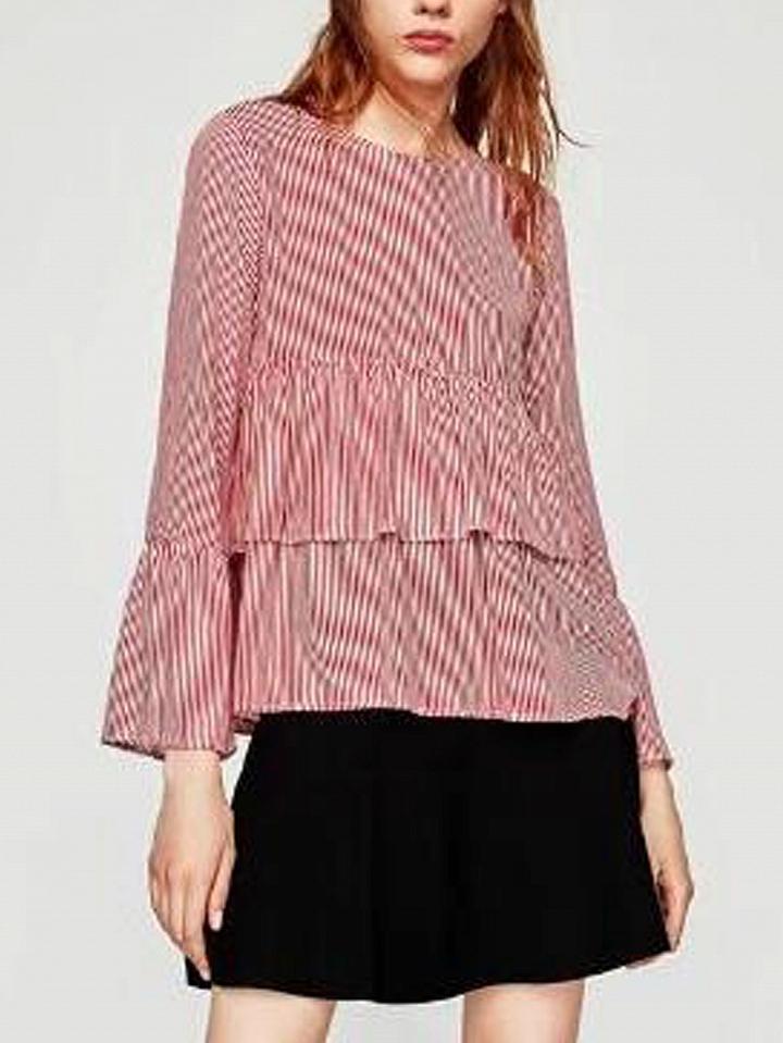Choies Red Stripe Flare Sleeve Layered Blouse Top
