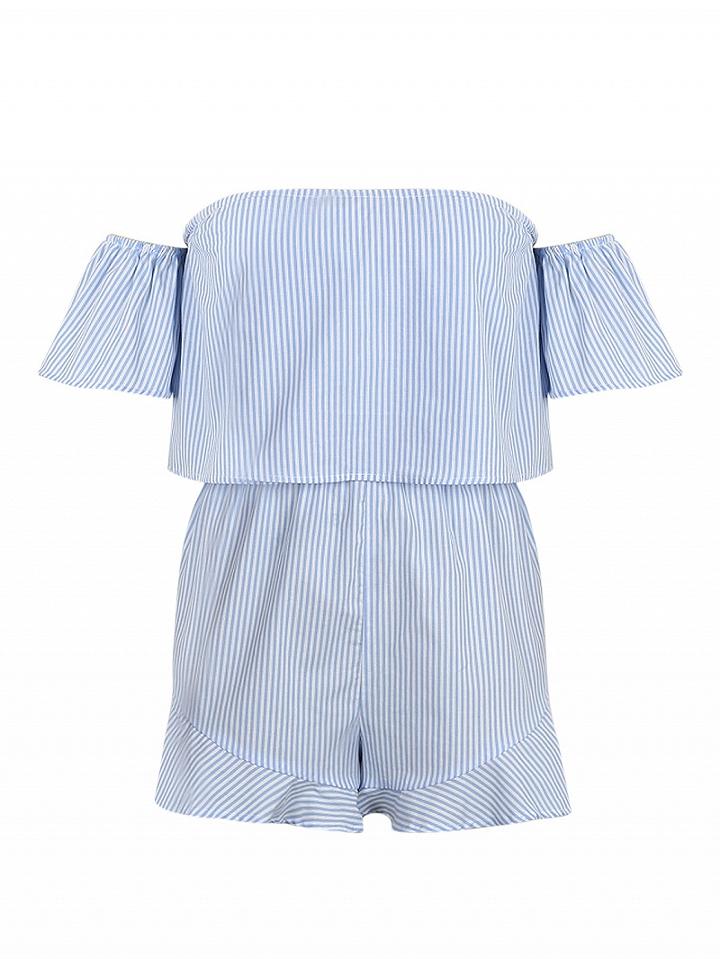 Choies Blue Stripe Off Shoulder Ruffle Bandeau Romper Playsuit