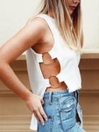 Choies White Ribbed V-neck Metal Circle Detail Open Side Tank Top