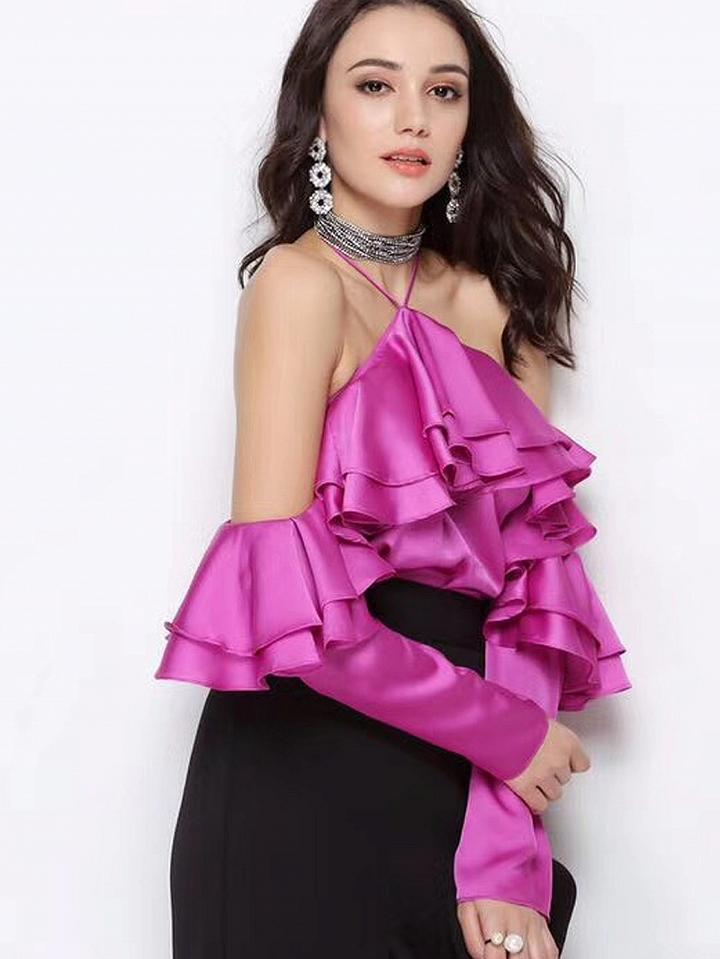 Choies Fuchsia Halter Cold Shoulder Layer Ruffle Long Sleeve Blouse