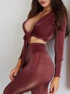 Choies Red Sheer Mesh Long Sleeve Crop Top And High Waist Pants