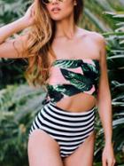 Choies Green Leaf Print Bikini Top And Stripe High Waist Bottom